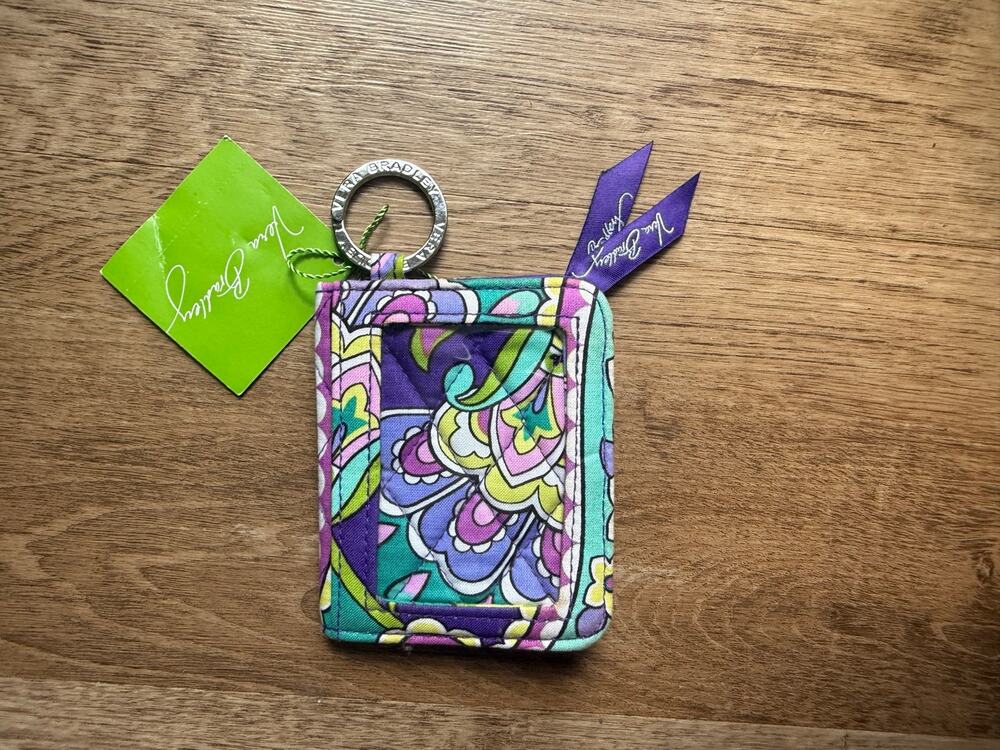NWT Vera Bradley Campus Double ID Wallet Heather Purple Paisley Clear Window